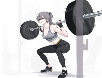 1girl alternate_costume alternate_hairstyle barbell bare_shoulders black_gloves black_pants black_shoes breasts cleavage collarbone commentary english_commentary exercising feint721 fingerless_gloves full_body gloves grey_hair gym hair_between_eyes highres honkai:_star_rail honkai_(series) looking_ahead medium_breasts midriff navel pants parted_lips ponytail shoes sneakers solo squatting stelle_(honkai:_star_rail) sweat toned toned_female trailblazer_(honkai:_star_rail) weightlifting yellow_eyes yoga_pants