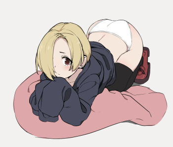 1girl ass black_hoodie black_thighhighs blonde_hair brown_eyes closed_mouth full_body grey_background hair_over_one_eye hood hoodie idolmaster idolmaster_cinderella_girls kachobi_(user_atuh5854) long_sleeves looking_at_viewer no_pants panties shirasaka_koume simple_background sleeves_past_fingers sleeves_past_wrists solo thighhighs underwear white_panties