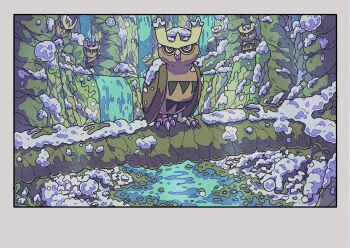animal_focus beak bird closed_mouth gen_2_pokemon highres looking_at_viewer nintendo no_humans noctowl onamuzi_illust outdoors owl pokemon pokemon_(creature) pokemon_focus red_eyes snow water waterfall