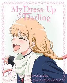 1girl absurdres barbell_piercing black_choker black_shirt black_sweater blonde_hair blue_jacket blush braid choker closed_eyes copyright_name ear_piercing highres industrial_piercing ishida_kazumasa jacket kitagawa_marin long_sleeves multicolored_hair nail_polish necktie official_art open_mouth piercing pink_hair pink_nails red_necktie scarf shirt simple_background sono_bisque_doll_wa_koi_wo_suru sweater two-tone_hair white_background white_scarf white_shirt