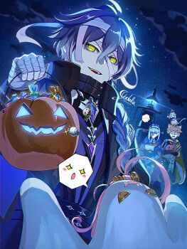 ... aether_(genshin_impact) ahoge aino_(genshin_impact) antenna_hair black_coat candy coat flins_(genshin_impact) food genshin_impact ghost_costume halloween halloween_bucket high_collar highres huge_ahoge ineffa_(genshin_impact) mummy_costume no_pupils yellow_eyes yodaka002