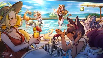 6+girls animal_ears arachne arthropod_girl ball beach_umbrella beachball blonde_hair blue_sky brown_hair centaur cocktail_umbrella commentary_request commission cow_ears cow_girl cow_horns cow_tail dark-skinned_female dark_skin day dragon_girl dragon_horns dragon_wings dress drink fox_ears fox_girl fox_tail hat hogara horns insect_girl kitsune lamia long_hair looking_at_another mini_person minigirl monster_girl multiple_girls multiple_tails original outdoors partially_submerged pool poolside red_dress short_hair skeb_commission sky spider_girl splashing sun_hat swimsuit tail taur umbrella wings yellow_eyes