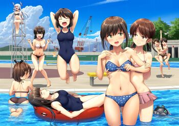 Rule 34 | 6+girls, :d, arm up, armpits, arms up, ass, ayanami (kancolle), back, bare arms, bare legs, bare shoulders, barefoot, bikini, black hair, blue bikini, blush, braid, breasts, brown eyes, brown hair, chair, cleavage, closed eyes, closed mouth, cloud, collarbone, covered navel, day, embarrassed, enemy lifebuoy (kancolle), enemy naval mine (kancolle), flying sweatdrops, from behind, fubuki (kancolle), green eyes, hair between eyes, hair ornament, hamakaze (kancolle), hatsuyuki (kancolle), headgear, highres, holding, ichikawa feesu, implied sex, isonami (kancolle), kantai collection, lifeguard, lifeguard chair, long hair, looking at another, looking at viewer, looking back, lying, medium breasts, miyuki (kancolle), multiple girls, murakumo (kancolle), navel, nipples, nose blush, one-piece swimsuit, open mouth, outdoors, partially submerged, polka dot, polka dot bikini, polka dot swimsuit, pool, ribbon, school swimsuit, shikinami (kancolle), shirayuki (kancolle), short hair, side-tie bikini bottom, sidelocks, silver hair, single braid, skindentation, sky, small breasts, smile, standing, string bikini, swimsuit, swimsuit under clothes, t-head admiral, tree, twintails, unworn bikini top, uranami (kancolle), wading, water, wet