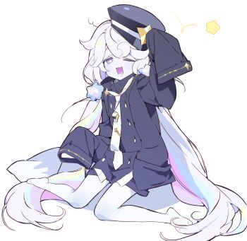 +_+ 1girl ;3 ;d arm_up black_hat black_jacket black_shorts blonde_hair blue_hair bright_pupils buttons colored_skin cookie_run cookie_run:_kingdom double-breasted full_body hair_between_eyes hair_flaps hair_ornament hat hat_tip highres humanization jacket long_hair long_sleeves looking_at_viewer low_twintails lower_teeth_only milky_way_cookie multicolored_hair necktie ohta_guk_hip one_eye_closed open_mouth pantyhose pillow pink_hair purple_eyes shadow shorts simple_background sitting sleeves_past_fingers sleeves_past_wrists smile solo star_(symbol) streaked_hair teeth tongue twintails very_long_hair wariza whistle whistle_around_neck white_background white_hair white_necktie white_pantyhose white_pupils white_skin