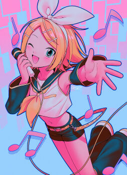 Rule 34 | 1girl, ;d, absurdres, bare shoulders, beamed eighth notes, belt, black sailor collar, black shorts, black sleeves, black socks, blonde hair, blue background, blue eyes, blue outline, bow hairband, chromatic aberration, commentary request, crop top, cropped shirt, detached sleeves, eighth note, faux retro artstyle, film grain, fingernails, flat chest, flipped hair, full body, hair ornament, hairband, hairclip, halftone, halftone background, hand on own cheek, hand on own face, hands up, headphones, highres, holding, holding microphone, jumping, kagamine rin, kneehighs, knees out of frame, long sleeves, looking at viewer, loose socks, menma (enaic31), microphone, midriff, musical note, navel, neckerchief, one eye closed, open mouth, outline, outstretched arm, parallel hairclips, pink background, quarter note, reaching, reaching towards viewer, sailor collar, shirt, shoes, short hair, short shorts, shorts, signature, simple background, sleeveless, sleeveless shirt, smile, socks, solo, swept bangs, tongue, two-tone background, vocaloid, white hairband, white shirt, white shoes, yellow belt, yellow neckerchief, yellow trim