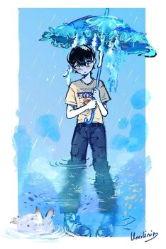 1boy antenna_hair artist_name belt black_belt black_eyes black_hair blue_pants blush bright_pupils brown_shirt closed_mouth denim double-parted_bangs fish_bunny_(omori) full_body hair_between_eyes heterochromia highres holding holding_umbrella jeans looking_at_viewer male_focus omori pants rain shirt shoes short_hair short_sleeves sneakers solo spoilers sunny_(omori) t-shirt umbrella umilini2 white_eyes white_pupils