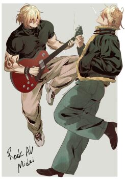 Rule 34 | 1boy, abs, alternate costume, arm tattoo, armlet, black coat, black jacket, black shirt, black shoes, blonde hair, braid, brown pants, clawed gauntlets, coat, commentary, earrings, electric guitar, english commentary, facial tattoo, fur-trimmed jacket, fur trim, gibson les paul, gold earrings, gold necklace, gradient hair, guitar, hanamirru, highres, holding, holding guitar, holding instrument, honkai: star rail, honkai (series), instrument, jacket, jewelry, male focus, medium hair, multicolored hair, multiple views, music, mydei (honkai: star rail), necklace, open clothes, open coat, pants, playing instrument, red hair, red tattoo, shirt, shoes, side braid, smoking, tattoo, toned, toned male, yellow eyes