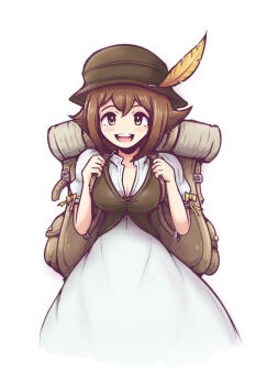 1girl backpack bag blush breasts brown_bag brown_eyes brown_hat commentary dress green_hat green_jacket hat hat_feather holding_strap ink_(inksgirls) jacket looking_at_viewer octopath_traveler open_mouth short_hair simple_background smile solo straight-on teeth tressa_colzione upper_teeth_only white_background white_dress