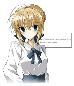 Rule 34 | 1girl, ahoge, artoria pendragon (fate), blonde hair, blue ribbon, blue skirt, braid, bun with braided base, collared shirt, cropped torso, english text, fate/stay night, fate (series), green eyes, hair between eyes, hair ribbon, hand on own hip, high-waist skirt, highres, long sleeves, looking at viewer, marshmallow (site), neck ribbon, ribbon, saber (fate), shirt, short hair, simple background, skirt, smile, solo, takanashi (takanya shi), white background, white shirt