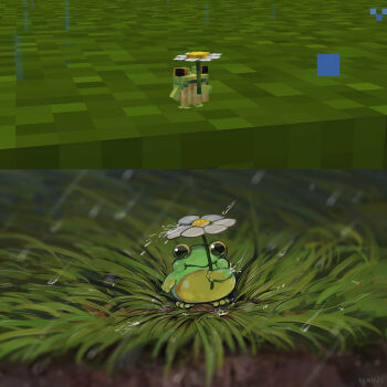 Rule 34 | artist name, benii21, commentary, creature, creature focus, daisy (flower), english commentary, flower, flower umbrella, frog, frog (minecraft), grass, highres, minecraft, no humans, plump, rain, reference inset, smile, yellow eyes