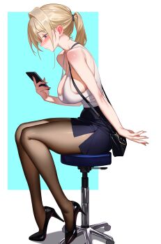 1girl absurdres bag bar_stool bare_shoulders black_pantyhose black_shoes blonde_hair blush breasts cellphone clothing_cutout from_side handbag high_heels highres holding holding_phone large_breasts leg_cutout looking_down miniskirt on_stool original pantyhose phone ponytail shoes sideboob sidelocks simple_background sitting skirt smartphone solo stool walid_zouirech white_background