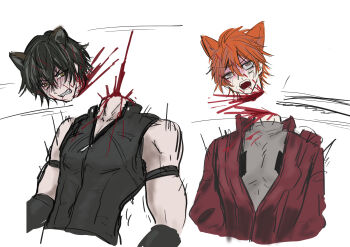 2boys absurdres animal_ears arknights artist_request black_hair blood blood_on_neck blood_splatter broca_(arknights) brown_eyes cat_ears chiave_(arknights) decapitated_head decapitation disembodied_head guro highres jacket male male_focus male_gore guro male_ryona multiple_boys orange_hair ryona severed_head shirt t-shirt vest