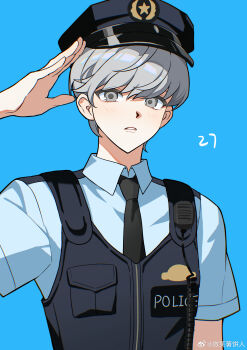 Rule 34 | 1boy, absurdres, bisho imobing hito, black necktie, blue background, blue shirt, collared shirt, commentary request, grey eyes, grey hair, hat, highres, looking at viewer, male focus, narukami yu, necktie, parted lips, persona, persona 4, police, police hat, police uniform, radio, salute, shirt, short hair, short sleeves, simple background, solo, upper body, vest