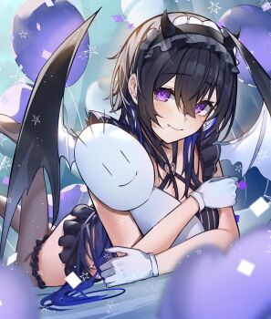 1girl balloon bat_wings bikini black_bikini black_hair black_thighhighs blue_hair blush closed_mouth commentary fake_horns fang gloves hairband highres horn_hairband horns ichinose_uruha ichinose_uruha_(birthday_2023) long_hair looking_at_viewer lying multicolored_hair on_stomach purple_eyes ringozeri solo stuffed_toy swimsuit thighhighs two-tone_hair virtual_youtuber vspo! white_gloves wings