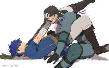 Rule 34 | 2boys, age difference, beard stubble, blue eyes, blue hair, boots, brown boots, brown hair, commentary request, facial hair, fire emblem, fire emblem: path of radiance, hands on another's face, highres, ike (fire emblem), male focus, metal gear (series), mimummom, multiple boys, nintendo, short hair, solid snake, stubble, super smash bros., translation request, yaoi