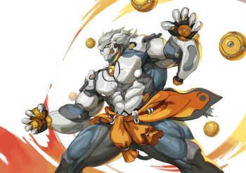 Rule 34 | 1boy, absurdres, ball, banyue (zenless zone zero), bara, claws, clothes around waist, commentary request, grey hair, highres, holding, holding ball, korean commentary, long hair, looking at another, male focus, multicolored hair, muscular, muscular male, orb, robot boy, tail, topless male, traver009, white hair, zenless zone zero