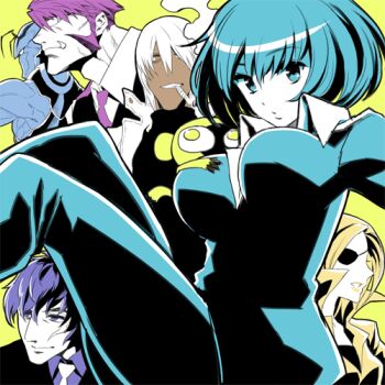 2girls 4boys animal blue_eyes bob_cut chain_sumeragi cigarette dress_shirt eyepatch facial_hair fang fangs formal_clothes hand_on_breast k.k kekkai_sensen klaus_von_reinhertz looking_at_viewer lowres mimonel monkey multiple_boys multiple_girls mutton_chops necktie sensen shirt short_hair simple_background sonic_speed_monkey steven_a._starphase suit zap_renfro zed_o&#039;_brien