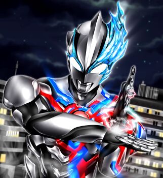 1boy alien armor asymmetrical_arms asymmetrical_horns black_sky blue_horns blue_skin blurry blurry_background building city city_lights cityscape cloud cloudy_sky color_timer colored_skin commentary compound_eyes crossed_wrists crystal dark_cloud dorsal_fin dutch_angle energy giant giant_male glowing glowing_crystal glowing_eyes glowing_horns hands_up hanejidyna86 highres horns looking_down male_focus multicolored_skin muscular muscular_male night outdoors pectorals red_skin shoulder_armor shoulder_pads silver_armor silver_skin sky skyscraper smoke smoke_trail solo tokusatsu twitter_username ultra_beam ultra_series ultraman_blazar ultraman_blazar_(series) upper_body white_eyes
