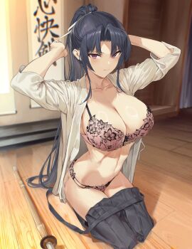 1girl absurdres black_hair blush bra breasts cleavage closed_mouth clothes_pull collarbone floral_print floral_print_bra hakama hakama_skirt highres hiiragi_yuuichi indoors japanese_clothes kanzaki_ouka kendo_shoujo kneeling large_breasts long_hair looking_at_viewer navel open_clothes open_shirt panties pink_bra pink_panties ponytail purple_eyes seiza shinai shirt sitting skirt solo stomach sword thighs underwear very_long_hair weapon white_shirt wooden_floor wooden_sword