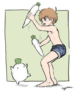 1boy blue_eyes border creature green_background male_focus mog300n original shorts shota smile solo topless_male