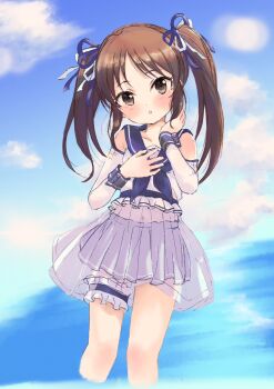 Rule 34 | 1girl, blue sky, blush, brown eyes, brown hair, commentary request, detached sleeves, frilled thigh strap, highres, idolmaster, idolmaster cinderella girls, long hair, looking at viewer, open mouth, see-through clothes, shin fuj, skirt, sky, solo, tachibana arisu, thigh strap, twintails