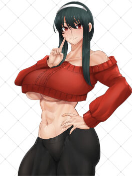 1girl abs bare_shoulders black_hair black_leggings breasts cleavage collarbone commentary_request contrapposto cropped_shirt finger_to_cheek hair_between_eyes hairband hand_on_own_hip highres koucha_indian large_breasts leggings long_hair looking_at_viewer muscular muscular_female navel off-shoulder_sweater off_shoulder red_eyes red_sweater sidelocks smile solo spy_x_family stomach sweater underboob white_hair white_hairband yor_briar