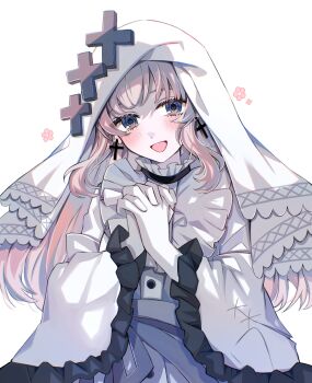 Rule 34 | 1girl, :d, absurdres, blonde hair, commentary request, cross, cross earrings, dress, earrings, flower, gloves, hands up, highres, hikami meruru, interlocked fingers, jewelry, long hair, long sleeves, looking at viewer, mahou shoujo no majo saiban, open mouth, own hands together, pink flower, priestess, purple eyes, satoimo chika, simple background, smile, solo, tearing up, tears, veil, white background, white dress, white gloves, white veil
