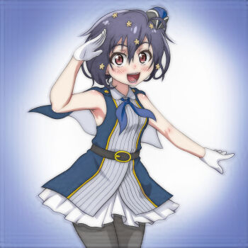 1girl belt black_belt black_hair black_hat blue_background blue_dress blue_neckerchief blush breasts brown_eyes dress flower gloves grey_pantyhose hair_flower hair_ornament hat highres idol looking_at_viewer mini_hat mizuno_ai neckerchief open_mouth pantyhose salute short_hair sleeveless sleeveless_dress small_breasts smile standing t_jiroo_(ringofriend) teeth white_gloves yellow_flower zombie_land_saga