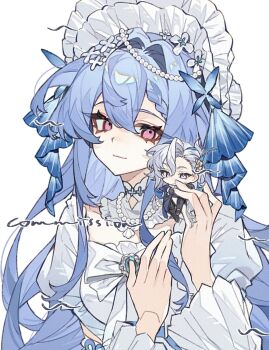 1boy 1girl asymmetrical_bangs beads bow braid chibi chibi_inset choker closed_mouth commission eyelashes flower frills gem genshin_impact hair_between_eyes hair_flower hair_ornament headdress highres jewelry juliet_sleeves long_hair long_sleeves looking_at_another ming_dao_ye_ye_zi multicolored_hair necklace neuvillette_(genshin_impact) oc_x_canon original pearl_(gemstone) pearl_necklace pink_eyes puffy_sleeves purple_eyes sidelocks simple_background smile streaked_hair upper_body watermark white_background white_bow white_choker white_flower white_hair white_headdress