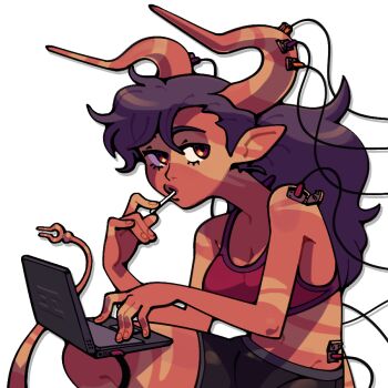 1girl android breasts cable cleavage colored_skin commentary computer demon_girl demon_horns demon_tail discount-supervillain english_commentary eyelashes fingernails forked_tail horns laptop large_breasts lips navel orange_skin original pointy_ears ponytail purple_hair red_eyes shorts solo sports_bra striped_skin tail transparent_background