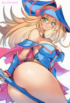 1girl absurdres ass blonde_hair blue_hat blush_stickers dark_magician_girl duel_monster green_eyes hat highres long_hair looking_at_viewer solo thighs white_background yu-gi-oh! yuibread