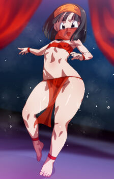 Rule 34 | 1girl, bandeau, barefoot, black eyes, black hair, commentary request, covered erect nipples, curvy, dancer, dancing, dragon ball, dragon ball heroes, flat chest, full body, hairband, looking at viewer, mouth veil, open mouth, orange hairband, pan (dragon ball), pan (xeno) (dragon ball), petite, red bandeau, red loincloth, red veil, rom (20), shiny skin, smile, solo, sweat, sweatdrop, teeth, thong, toes, upper teeth only, veil, wide hips
