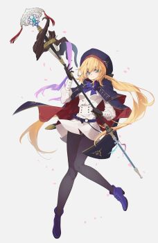 1girl aqua_eyes artoria_caster_(fate) artoria_caster_(second_ascension)_(fate) artoria_pendragon_(fate) belt beret black_bow black_gloves black_pantyhose blonde_hair blue_belt blue_boots blue_bow blue_bowtie blue_cape blue_hat boots bow bowtie breasts cape closed_mouth commentary falling_petals fate/grand_order fate_(series) full_body gloves gold_trim grey_background hair_between_eyes hat hat_bow high_heel_boots high_heels highres holding holding_staff leg_up light_blush long_hair long_sleeves longhaniwa looking_at_viewer mage_staff o-ring o-ring_belt pantyhose petals puffy_long_sleeves puffy_sleeves shirt simple_background skirt small_breasts smile solo staff staff_of_selection_(fate) striped_belt tassel thigh_gap twintails two-sided_cape two-sided_fabric white_shirt white_skirt