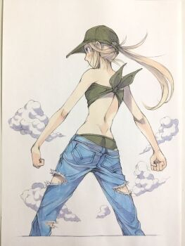 1girl back bandeau bare_arms bare_back baseball_cap blonde_hair blue_eyes clenched_hands cloud commentary cropped_legs denim dimples_of_venus from_behind green_bandeau green_hat green_pants hat highres jeans legs_apart long_hair median_furrow original pants peter_salt ponytail solo standing torn_clothes torn_jeans torn_pants traditional_media