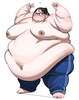 1girl :3 ? arms_up belly belly_hang big_belly black-framed_eyewear black_hair blue_pants blush breasts brown_eyes double_v fat fat_rolls fat_woman glasses hair_bun highres ki-da_(ipkcte5b0htjned) large_breasts navel nipples obese original pants smile solo standing thick_arms topless_female track_pants v white_background