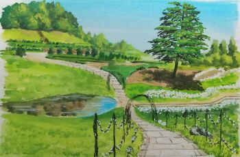absurdres bush commentary_request day grass harusa1107 highres nature no_humans original outdoors painting_(medium) path plant pond road rural scenery traditional_media tree tree_shade watercolor_(medium)