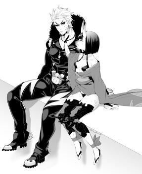 1boy 1girl ankle_ribbon bandaid bandaid_on_cheek bandaid_on_face belt_buckle bob_cut boots breasts buckle commentary_request eyeliner fate/grand_order fate_(series) fur-trimmed_jacket fur_trim greyscale horns jacket japanese_clothes kimono knee_pads leg_ribbon loose_clothes makeup monochrome off_shoulder pectorals ribbon sakata_kintoki_(fate) sakata_kintoki_(rider)_(fate) shiromako short_kimono shuten_douji_(fate) sitting skin-covered_horns small_breasts spurs sunglasses sweatdrop v-shaped_eyebrows