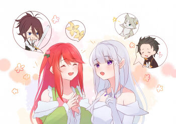 2boys 2girls absurdres bare_shoulders black_hair blue_eyes blush braid brown_hair cat closed_eyes crown_braid dress emilia_(re:zero) flower gloves grey_hair hair_flower hair_ornament highres holding holding_sword holding_weapon jewelry long_hair multiple_boys multiple_girls natsuki_subaru necklace off-shoulder_dress off_shoulder open_mouth pointy_ears puck_(re:zero) purple_eyes rain_re_a re:zero_kara_hajimeru_isekai_seikatsu red_hair smile spoken_character sword theresia_van_astrea weapon white_dress white_gloves white_hair wilhelm_(re:zero) x_hair_ornament