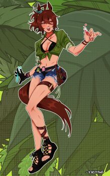 Rule 34 | 1girl, agnes tachyon (lunatic lab) (umamusume), agnes tachyon (umamusume), ahoge, animal ears, bikini, black bikini, black gloves, blue shorts, blush, breasts, brown hair, cleavage, criss-cross halter, denim, denim shorts, ear ornament, gloves, green jacket, hair between eyes, halterneck, highres, holding, holding test tube, horse ears, horse girl, horse tail, huge ahoge, jacket, medium breasts, midriff, navel, official alternate costume, open clothes, open mouth, open shorts, raccrows, red eyes, sandals, short hair, shorts, single glove, smile, solo, swimsuit, tail, teeth, test tube, thigh strap, tied jacket, torn clothes, torn shorts, umamusume, upper teeth only, wrist straps