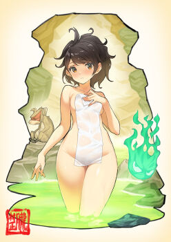 1girl animal bad_id bad_twitter_id black_hair blush breasts brown_eyes commentary_request covering_privates hair_up hitodama holding holding_towel japanese_macaque looking_at_viewer momohime monkey nude nude_cover oboro_muramasa onsen rock saitou_masatsugu small_breasts steam towel wading water wet wide_hips