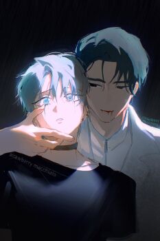 2boys alien_stage artist_name black_eyes black_shirt blood blood_from_mouth choker commentary ear_piercing earrings english_commentary grey_choker grey_eyes grey_hair hand_on_another&#039;s_chin highres ivan_(alien_stage) jewelry looking_at_another makeup male_focus multiple_boys parted_lips piercing runny_makeup sberrymacchiato shirt signature till_(alien_stage) white_shirt