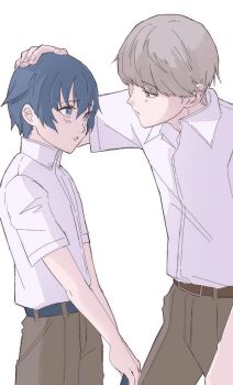 1boy 1girl belt blue_belt blue_eyes blue_hair blush brown_belt collared_shirt commentary grey_hair grey_pants hand_on_another&#039;s_head hetero looking_at_another narukami_yu pants parted_lips persona persona_4 reverse_trap shirogane_naoto shirt short_hair usa_(kawaii_152cm) white_shirt