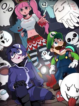 1boy 2girls absurdres among_us annotation_request awaria blinky_(pac-man) bongftah boo_(mario) carrie_krueger character_request copyright_request crossover crown ghast ghost ghost_(among_us) gothic_lolita green_hat happy_ghast hat highres holding holding_lighter huggy_wuggy lighter lolita_fashion luigi luigi&#039;s_mansion mario_(series) minecraft multiple_crossover multiple_girls napstablook navel nintendo one_piece pac-man_(game) pantyhose partially_annotated perona pink_hair pointing ponytail poppy_playtime scared spooky&#039;s_house_of_jump_scares spooky_(shojs) striped_clothes tears the_amazing_world_of_gumball the_binding_of_isaac the_lost_(the_binding_of_isaac) tongue tongue_out ula_usterka undertale utdr_(toby_fox) whisper_(youkai_watch) white_(among_us) youkai_watch