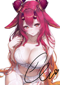 1girl animal_ears bare_shoulders bra breasts cleavage commentary commission demon_horns ella_7737 english_commentary eyeshadow facial_mark frilled_bra frills garter_belt gradient_hair highres horns large_breasts lingerie long_hair looking_at_viewer makeup multicolored_hair nail_polish navel orange_hair original panties red_eyes red_hair red_nails smile solo spaghetti_strap stomach thighhighs two-tone_hair underwear very_long_hair vgen_commission white_bra white_panties white_thighhighs