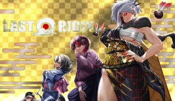 4girls :> absurdres alternate_costume alternate_hairstyle black_hair blush_stickers breasts brown_hair cetacean_tail chest_sarashi chibi commentary_request eyepatch fins fish_tail folded_ponytail hair_ornament hakama hakama_skirt hat highres japanese_clothes jewelry kimono large_breasts last_origin lemonade_gamma long_hair looking_at_viewer merlin_(last_origin) merope_(last_origin) messy_hair multicolored_hair multiple_girls muscular muscular_female obi obijime orca_girl patchwork_fat. peaked_cap pelt print_kimono red_eyes red_hair rhode_(last_origin) ring sarashi sash short_hair skirt smile sparkling_eyes tail two-tone_hair white_hair