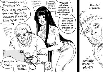 1boy 1girl absurdres bb_(baalbuddy) black_hair commentary controller english_commentary english_text game_controller greyscale highres hime_cut hime_cut_wife_(baalbuddy) holding holding_controller holding_game_controller long_hair looking_at_another monochrome original speech_bubble very_long_hair