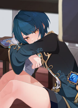 1boy black_coat black_shorts blue_hair blush chinese_clothes coat commentary_request genshin_impact hair_between_eyes highres jewelry long_sleeves looking_at_viewer male_focus sasunopi short_hair shorts simple_background smile solo teeth vision_(genshin_impact) xingqiu_(genshin_impact) yellow_eyes