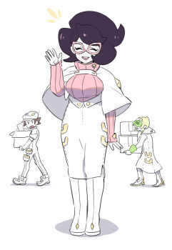 1girl 2boys :d aether_foundation aether_foundation_employee aether_foundation_employee_(male) big_hair blonde_hair boots box breasts brown_hair buttons closed_eyes coat commentary dede_(qwea_00000) faba_(pokemon) facial_hair glasses goatee green-tinted_eyewear hand_up hat holding holding_box jumpsuit long_sleeves multiple_boys nintendo notice_lines open_mouth pink-framed_eyewear pink_sweater pokemon pokemon_sm ribbed_sweater shoes short_hair smile standing sweater symbol-only_commentary teeth tinted_eyewear tongue turtleneck turtleneck_sweater upper_teeth_only white_background white_coat white_footwear white_headwear white_jumpsuit wicke_(pokemon)