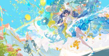 1boy 2girls absurdres alternate_costume balloon blue_eyes blue_hair blue_shoes chinese_commentary commentary_request dress female_rover_(wuthering_waves) highres iuno_(wuthering_waves) long_hair looking_at_viewer male_rover_(wuthering_waves) multiple_girls open_mouth outdoors partial_commentary rafaelaaa rover_(wuthering_waves) shoes smile solo_focus twintails white_dress wuthering_waves