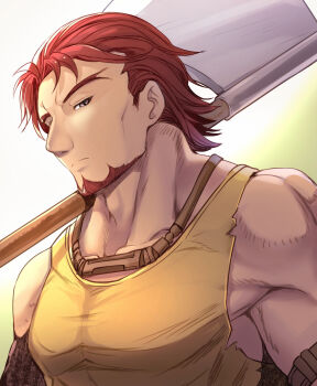 Rule 34 | 1boy, commentary request, dorcas (fire emblem), facial hair, fire emblem, fire emblem: the blazing blade, highres, male focus, muscular, muscular male, nakabayashi zun, nintendo, pectorals, red facial hair, red hair, tank top, yellow tank top